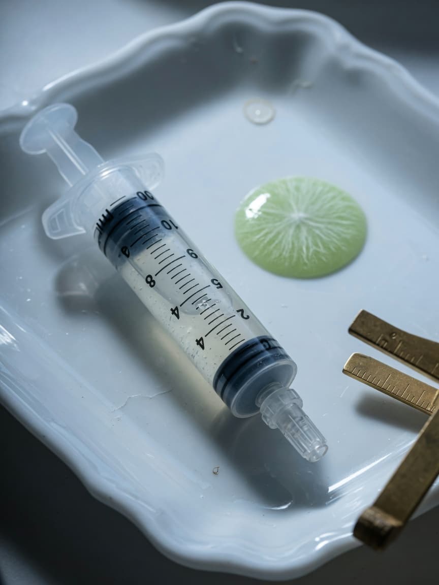 Strzykawka płynnej kultury LC na tacy laboratoryjnej